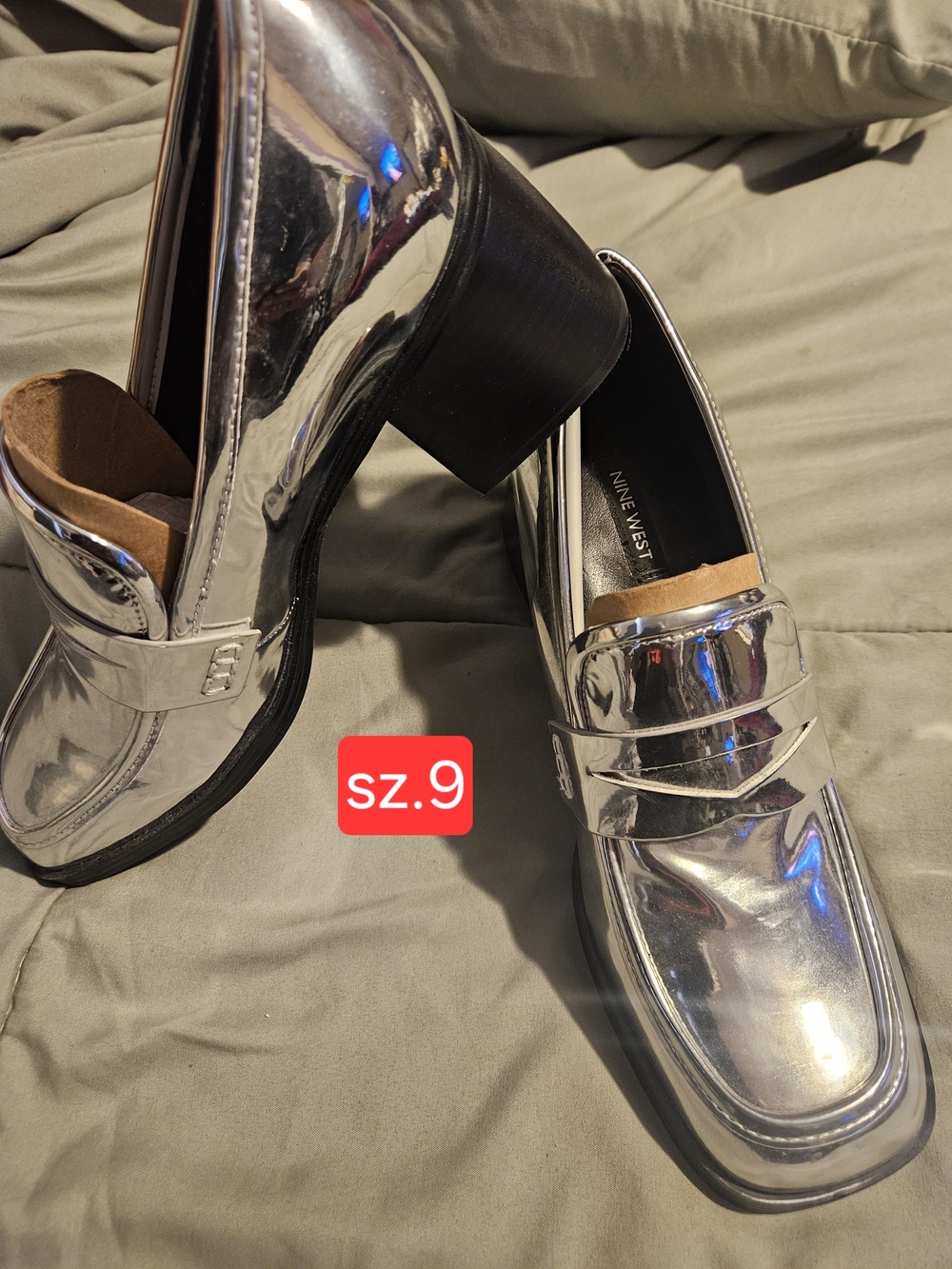Nine West Silver Metallic Loafers with Low Block Heel